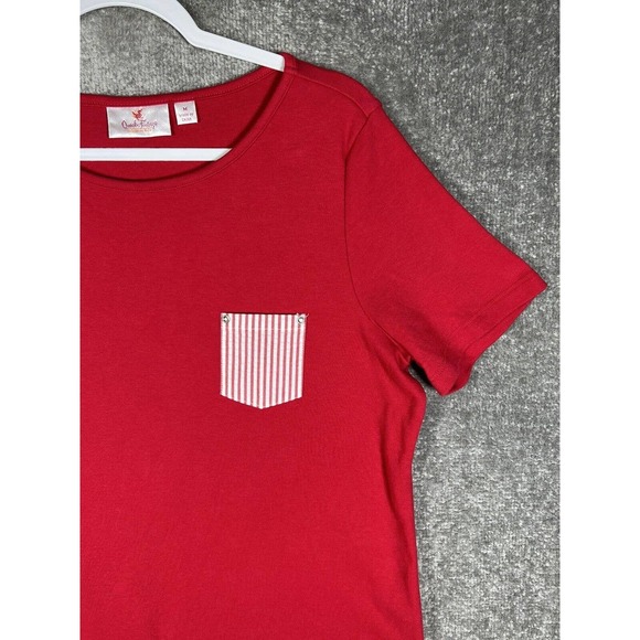 Quacker Factory Short Sleeve Knit Top Seersucker Stripe Pocket Womens Medium Red - Picture 5 of 16